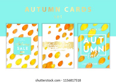 Trendy and elegant autumn background with realistic yellow gold orange leaves Gradient leaf, simple minimalistic style Sale banner template collection Fall season poster, card set Vector illustration