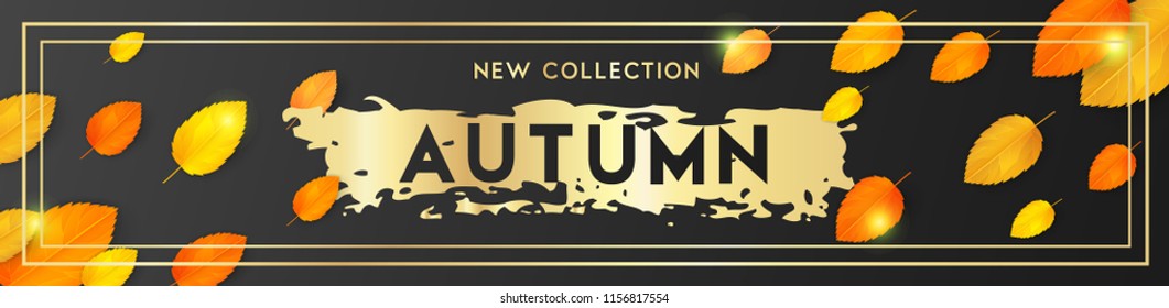 Trendy and elegant autumn background with realistic yellow gold orange leaves. Gradient leaf coloring. Simple minimalistic style. Sale banner template Fall seasonal poster or card Vector illustration
