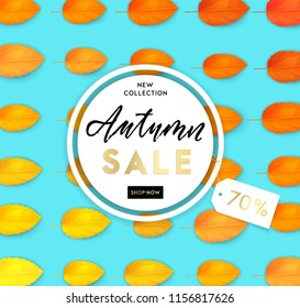 Trendy and elegant autumn background with realistic yellow gold orange leaves. Gradient leaf coloring. Simple minimalistic style. Sale banner template Fall seasonal poster or card Vector illustration