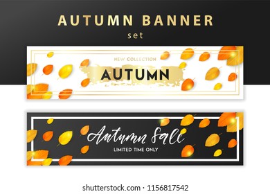 Trendy and elegant autumn banner set with realistic yellow gold orange leaves Gradient leaf, simple minimalistic style Web sale banner template collection Fall season backdrop Vector illustration
