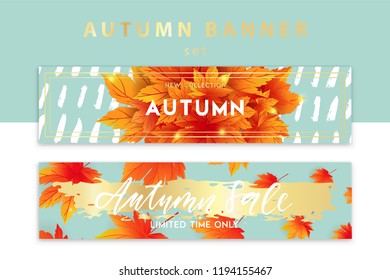 Trendy and elegant autumn banners set with realistic yellow gold orange leaves. Bright leaf coloring. Minimalistic style. Sale card template Fall seasonal poster or card collection Vector illustration