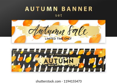 Trendy and elegant autumn banners set with realistic yellow gold orange leaves. Bright leaf coloring. Minimalistic style. Sale card template Fall seasonal poster or card collection Vector illustration