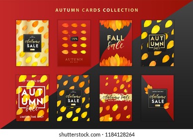 Trendy and elegant autumn cards set with realistic yellow gold orange leaves. Bright leaf coloring. Minimalistic style. Sale banner template Fall seasonal poster or card collection Vector illustration