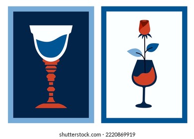 Trendy Elegant Card. Beautiful Rose And Vintage Glass Of Wine. Fashion Modern Posters. Vector Illustration For Valentine's Day, Holidays, Gift, Romantic Dinner, Party, Wedding, Dating