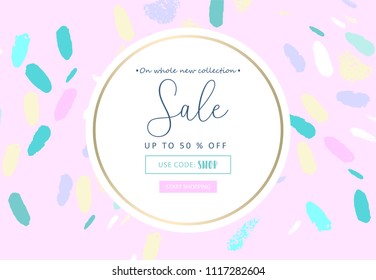 Trendy elegant creative artistic advertising banner or header template with hand drawn textures. Pastel and Gold design. Modern background for advertising, fashion promotion, social media, invitation