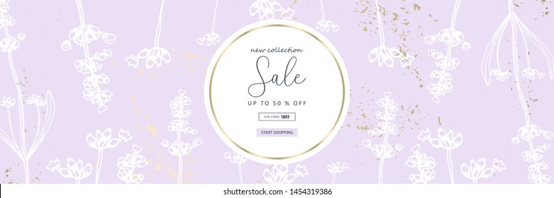 Trendy Elegant Floral pastel blush Lavender Gold texture backdrop for wedding invitations, greeting card, banner, birthday, advertising, valentine s day, textile. Chic vector background 