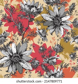 Trendy Elegant Floral vector seamless pattern blooming hand drawn black and white flowers. Botanical Motifs. Printing with in hand drawn style. Template for fashion prints.