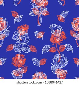 Trendy elegant seamless pattern of roses in orange and white outlined in royal blue background. Hand drawn illustration design. Double exposure graphic style. 