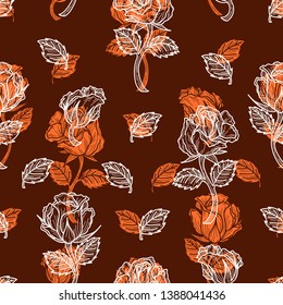 Trendy elegant seamless pattern of roses in orange and white outlined in chocolate brown background. Hand drawn illustration design. Double exposure graphic style. 