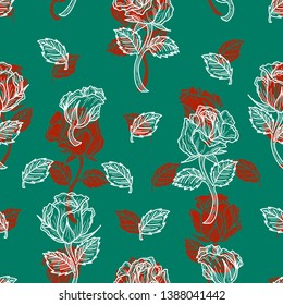 Trendy elegant seamless pattern of roses in red and white outlined in blue green background. Hand drawn illustration design. Double exposure graphic style. 