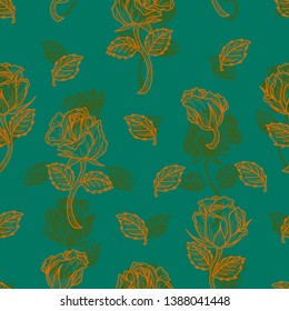 Trendy elegant seamless pattern of roses in olive green and orange outlined in blue green background. Hand drawn illustration design. Double exposure graphic style. 