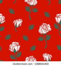 Trendy elegant seamless pattern of white roses in red background.
