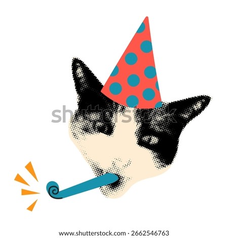 Trendy element for collage. Halftone cat wearing party hat and party blower. Happy birthday celebration concept. Modern retro grunge mixed media vector illustration on transparent background