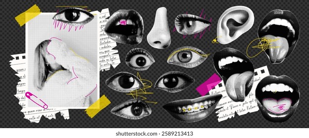 Trendy elements are eyes, mouth, ear, girl for a y2k punk style collage. Magazine clippings in the halftone style. Vector.