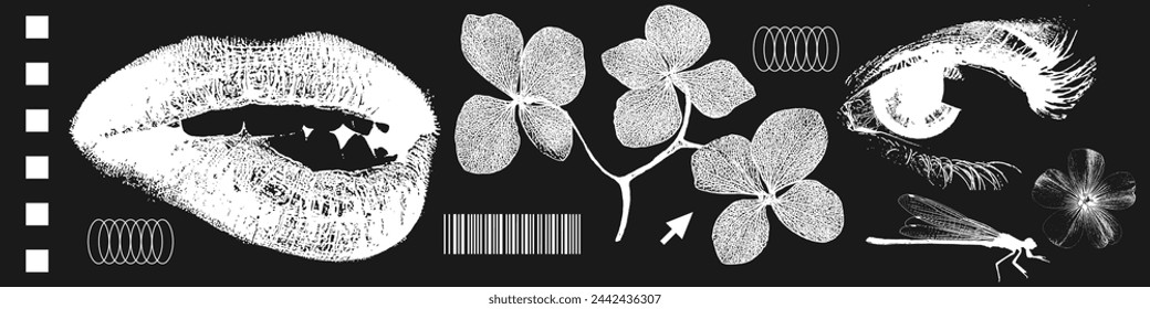 Trendy elements of female lips, flowers, eye set with a retro photocopy effect. Negative Y2k grunge images for design. Grain effect and stippling. Vector dotted brutal illustration.