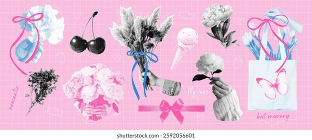 Trendy elements in halftone with the concept of Women's Day, celebration. Collage of a girl with flowers in her hands, cherry, tulips, minimal line art ribbons with bows. Vector.