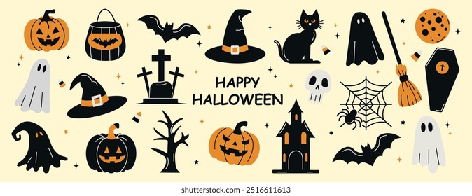 Trendy elements for Halloween. Ghost, hat, skull, spider, pumpkin for stickers, postcards, prints, posters. Hand drawn flat vector illustration.