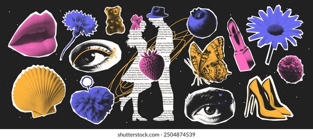 Trendy elements of love with the effect of halftones.  A heart, elements of figures from a newspaper, a butterfly, a human eye, a daisy, heels in the grunge style of the 2000s. Vector