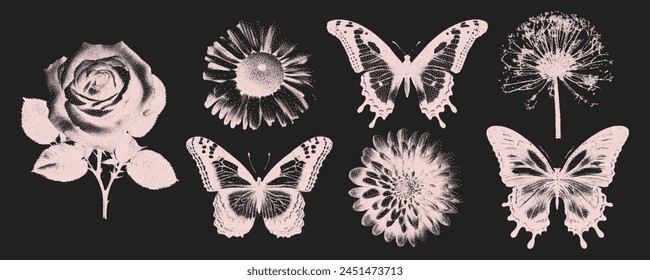 Trendy elements in retro copy style. Flower, rose, butterfly. Photocopy grain effect. Vector illustration.