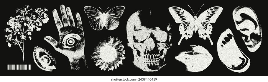 Trendy elements with a retro negative photocopy effect. y2k elements for design. Skull, flowers, butterflies, hand, mouth, eye, lips, ear.	