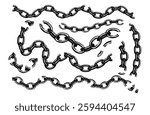 Trendy elements with retro photocopy effect. Distressed broken metal chain pieces set. Black monochrome clip art with grainy stippling texture. Grunge vector illustration on transparent background