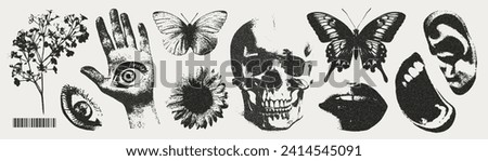 Trendy elements with a retro photocopy effect. y2k elements for design. Skull, flowers, butterflies, hand, mouth, eye, lips, ear.