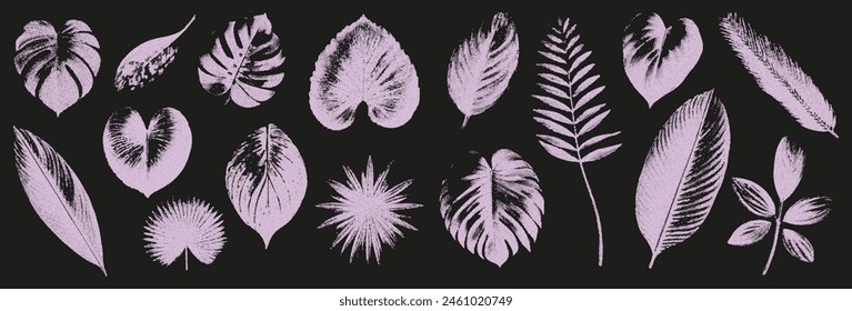 Trendy elements are tropical leaves with retro photocopy effect. Realistic grain effect. Vector illustration.