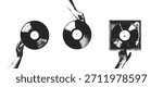 Trendy elements vinyl, record player and hands with photocopy effect. Grunge punk dotted stickers for collage, poster, print, music cove on an isolated background.