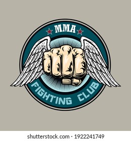 Trendy emblem for MMA fighting club. Colored round design elements with fist and angel wings. Sport activity or martial arts concept for stamp, label, sign template