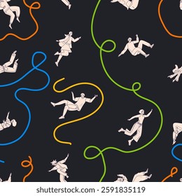 Trendy endless unique wallpaper with flying stylish people. Multi-ethnic community. Movement in air, falling young characters in different poses, happy guys and girls. Black and white background	