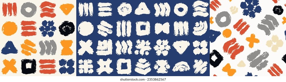Conjunto de puntos, cruces, formas de garabatos de doodle, círculos, diseño de moda de tipo étnico brillante y sin fisuras. Primitivas, pincel, marcador, elementos dibujados a mano para el diseño de tela, fondo, regalos, tarjetas
