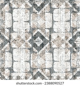 Trendy Ethnic tribal Kilim motifs textile texture seamless pattern in patchwork style. Embroidered print for carpet, rug, scarf cloth wallpaper floor covering wrapping paper tile design illustration.