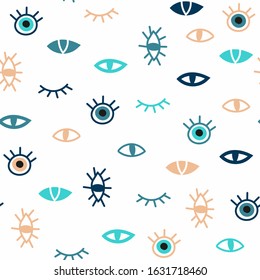 Trendy evil eyes seamless pattern as set of various hand drawn talismans in simple flat design, free hand doodle style, contemporary modern vector illustration