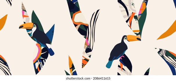 Trendy exotic colorful pattern with toucan bird. Collage contemporary seamless pattern. Hand drawn cartoon style pattern.