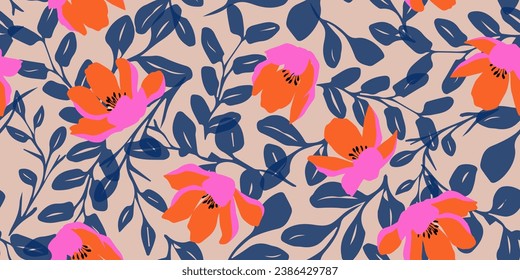 Trendy exotic hand drawn flowers seamless pattern. Floral background for textile, wallpaper, banner, covers, surface, printing and home decor. Flower vector illustration.