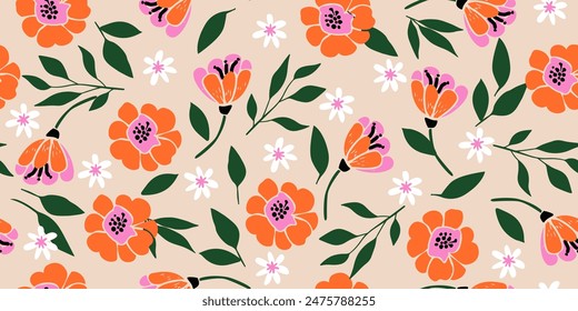 Trendige exotische Hand gezeichnete Blumen nahtlose Muster. Blumenhintergrund für Textil, Bildschirmhintergrund, Banner, Bezüge, Oberfläche, Druck und Wohnkultur. Blumen-Vektorillustration.