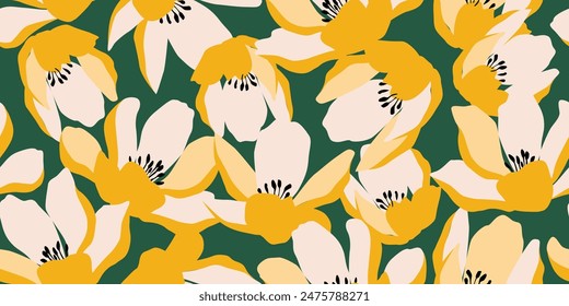 Trendy exotic hand drawn flowers seamless pattern. Floral background for textile, wallpaper, banner, covers, surface, printing and home decor. Flower vector illustration.