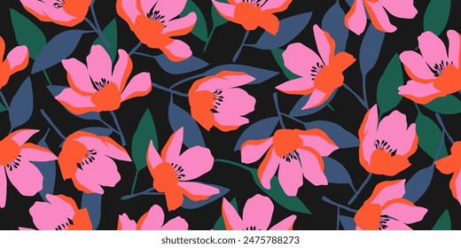 Trendy exotic hand drawn flowers seamless pattern. Floral background for textile, wallpaper, banner, covers, surface, printing and home decor. Flower vector illustration.