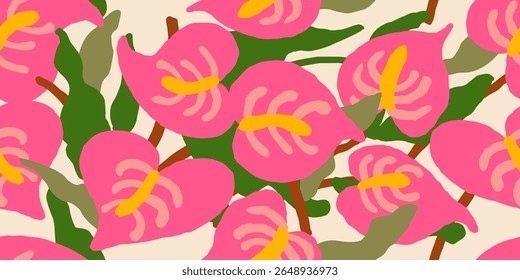 Trendy exotic hand drawn flowers seamless pattern. Floral background for textile, wallpaper, banner, covers, surface, printing and home decor. Flower vector illustration.