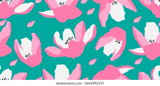 Trendy exotic hand drawn pink flowers seamless pattern. Floral background for textile, wallpaper, banner, covers, surface, printing and home decor. Flower vector illustration