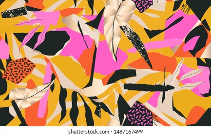 Trendy exotic jungle plants illustration pattern. Creative collage with shapes. Seamless pattern. Fashionable template for design.