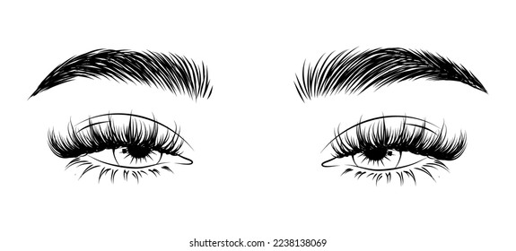 Trendy eye look with manga eyelashes and full eyebrows. New extension lashes anime style. 