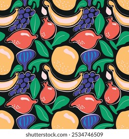 A trendy and eye-catching pattern featuring stylized fruits and leaves in a modern abstract style. Apples, pomegranates, grapes, bananas,lemons,  and figs, all rendered in bold, vibrant colors.