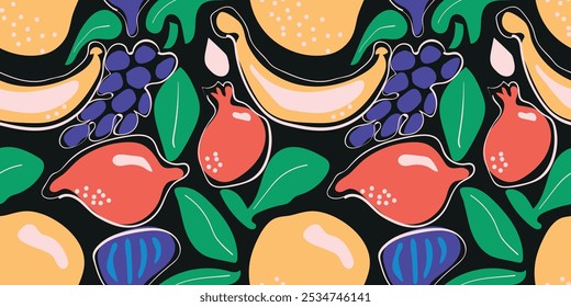 A trendy and eye-catching pattern  stylized fruits and leaves in a modern abstract style. The pattern features apples, pomegranates, grapes, bananas, and figs.Ideal for home decor or digital projects.