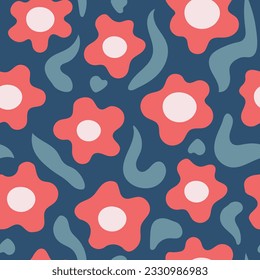 Trendy fabric print with chamomile. Minimal abstract seamless pattern with daisy flowers. Repeat vector illustration. Matisse inspired wavy style