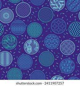 Trendy fabric print geometric endless ornament. Circular shapes with oriental patterns inside. Arabic motives in circles. Mottled texture background. Candy packaging design.