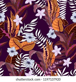 Trendy fabric tropical seamless pattern with banana and palms leavea and plumeria flowers. 