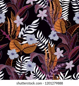 Trendy fabric tropical seamless pattern with banana and palms leavea and plumeria flowers. 