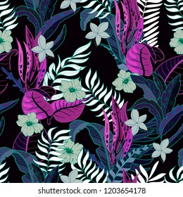 Trendy fabric tropical seamless pattern with banana and palms leavea and plumeria flowers. 