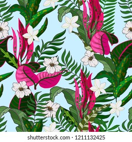 Trendy fabric tropical seamless pattern with banana and palms leavea and plumeria flowers. 